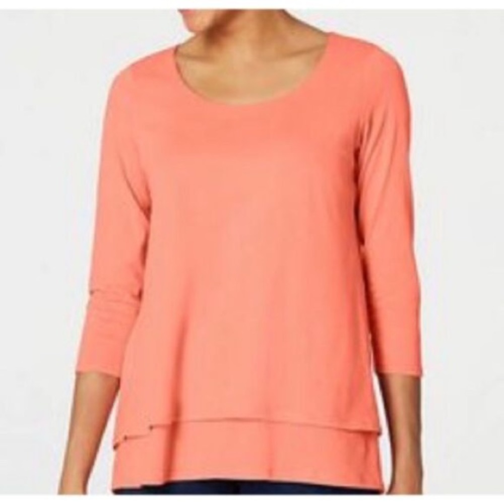 purejill j.jill cotton layered top. coral pink color. quarter length sleeves.